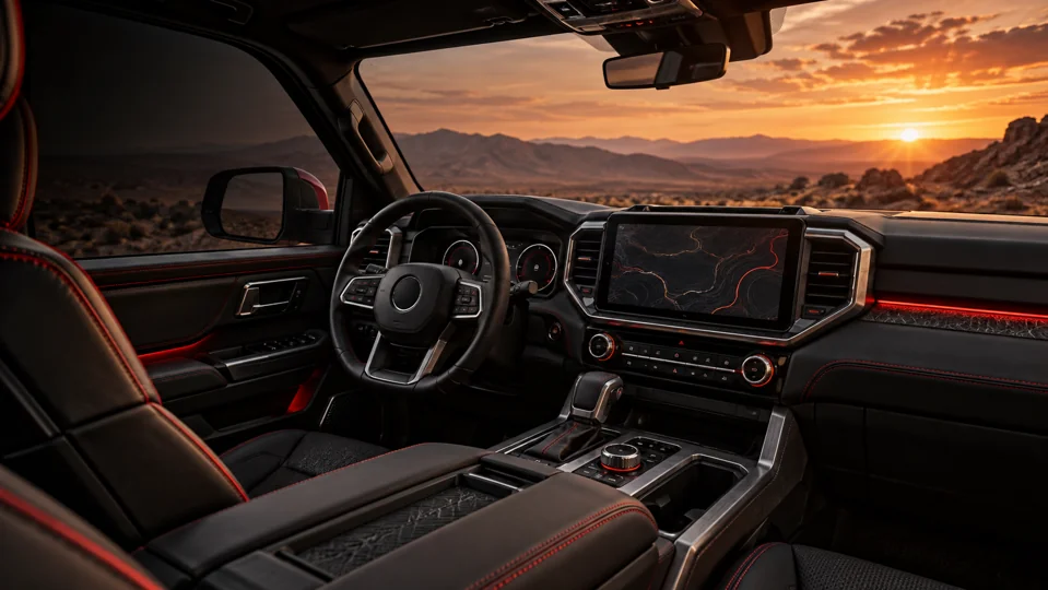 Imagined HAMMER cockpit with dark leather, red stitching, tactile controls and desert light beyond the windshield.