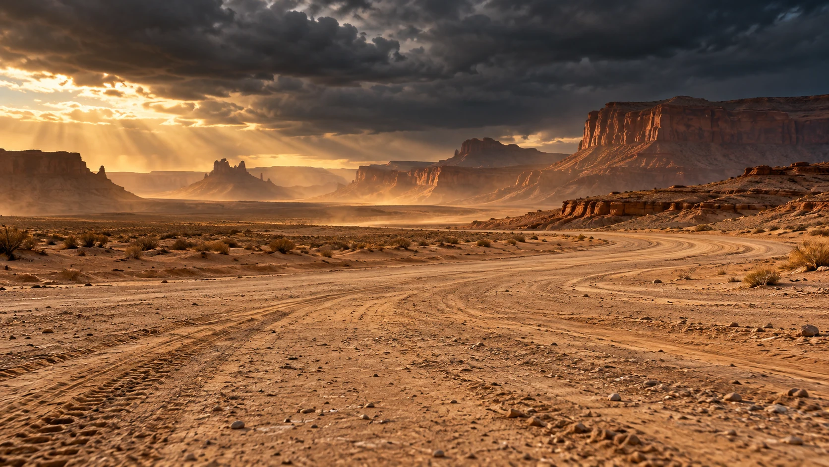 Golden light breaks through storm clouds over a sweeping desert road and distant sandstone mesas.
