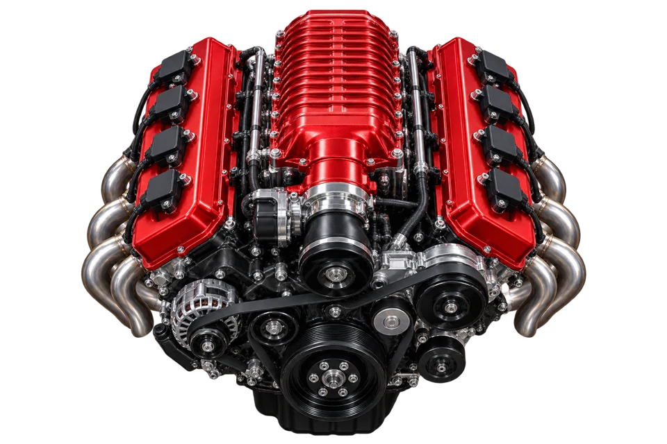 Concept visualization of a supercharged V8 with four ignition coils on each bank.