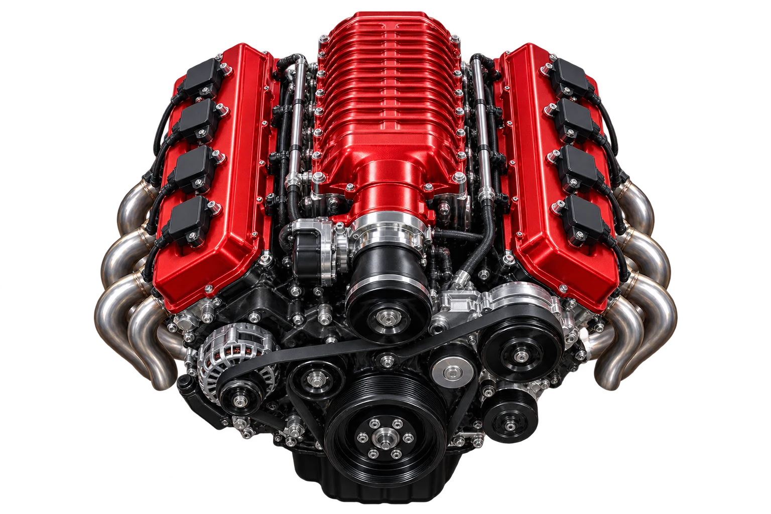 Concept visualization of a supercharged V8 with two banks of four ignition coils.