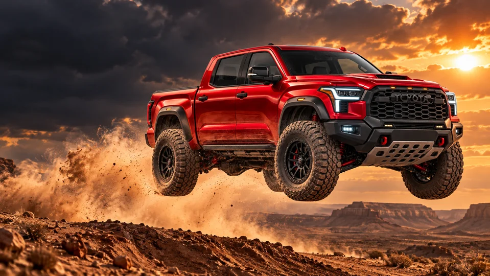 The red HAMMER concept truck suspended above a desert jump with a trail of dust behind it.