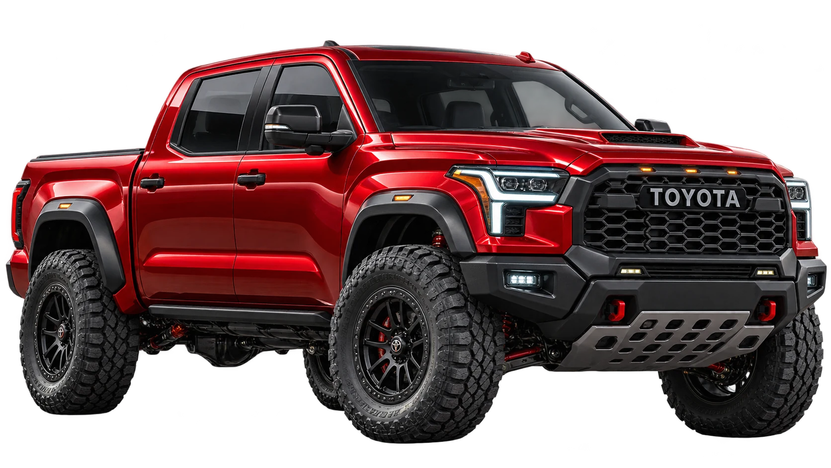 A red Tundra HAMMER concept truck with a wide stance, oversized off-road tires, and a black Toyota grille.