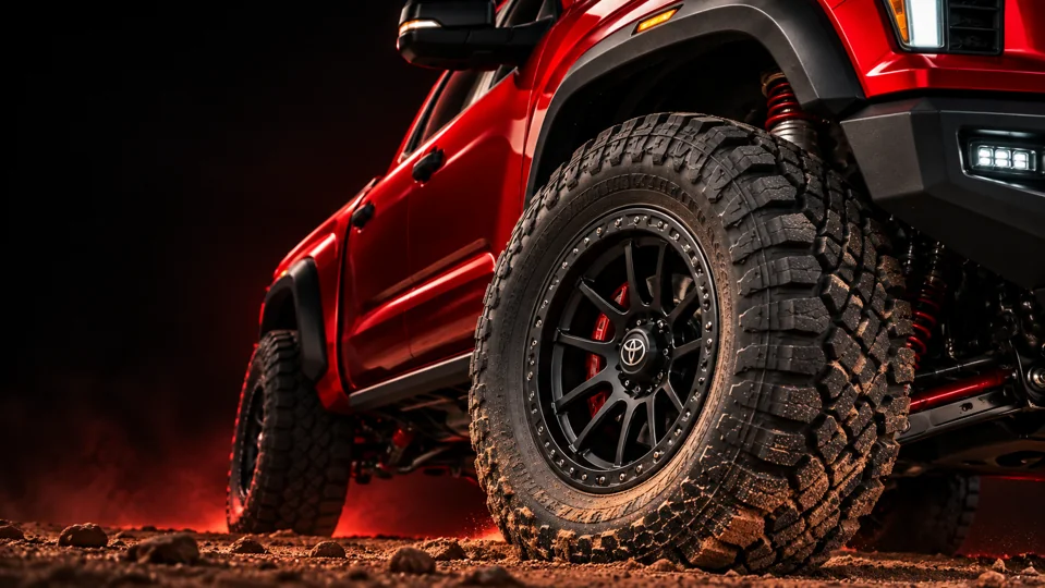 Close detail of the HAMMER truck's all-terrain front tire, black wheel, red fender and suspension.