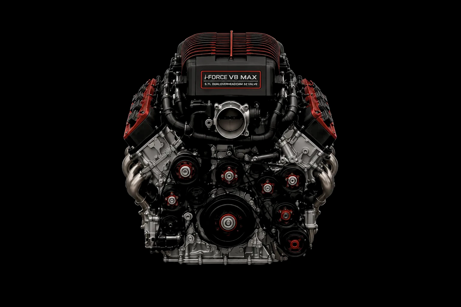 The i-FORCE V8 MAX engine seen head on: supercharger plenum, throttle body, quad overhead cam covers and long-tube exhaust headers.