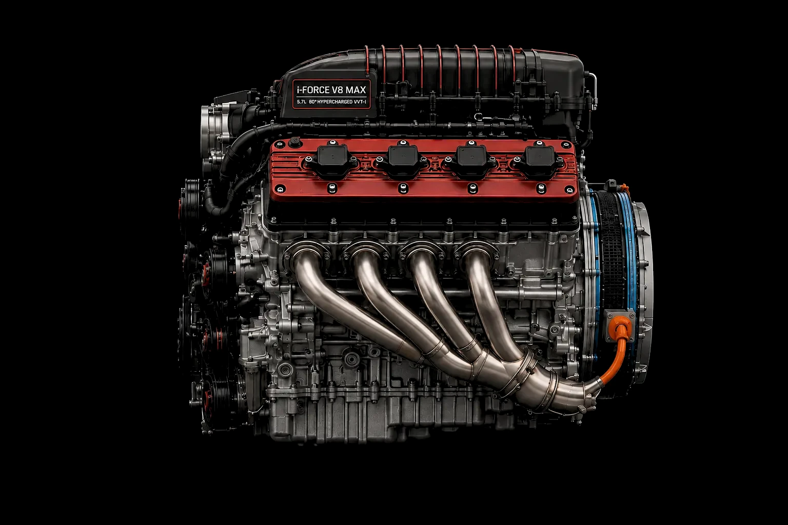 i-FORCE V8 MAX engine, full profile showing headers and hybrid cabling.