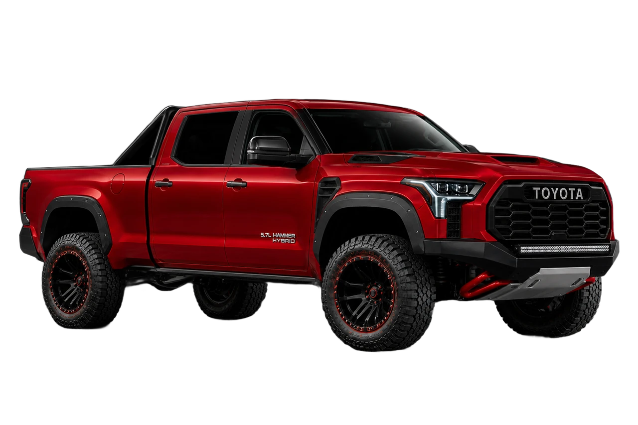 Red 2028 Tundra HAMMER pickup truck, front three-quarter view, in a black studio.