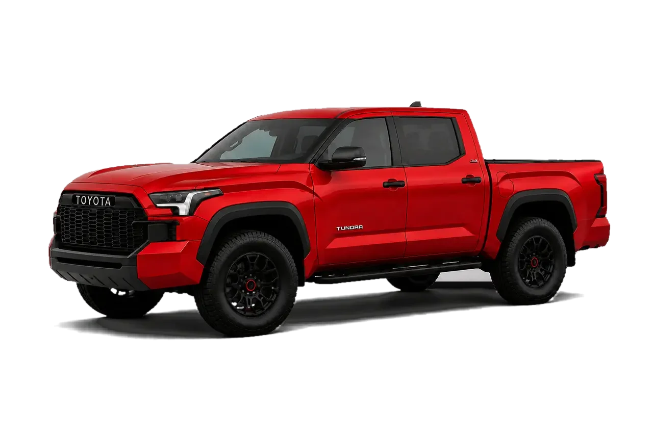 Red 2028 Tundra HAMMER pickup truck, front three-quarter view, in a black studio.