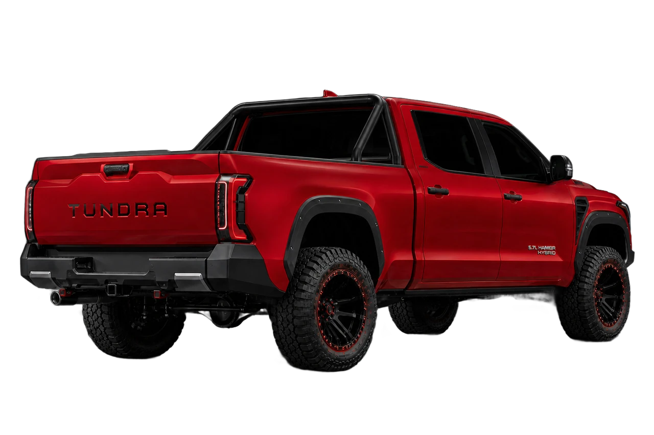 Rear three-quarter view of the Tundra HAMMER showing bed, tail lamps and rear suspension travel.